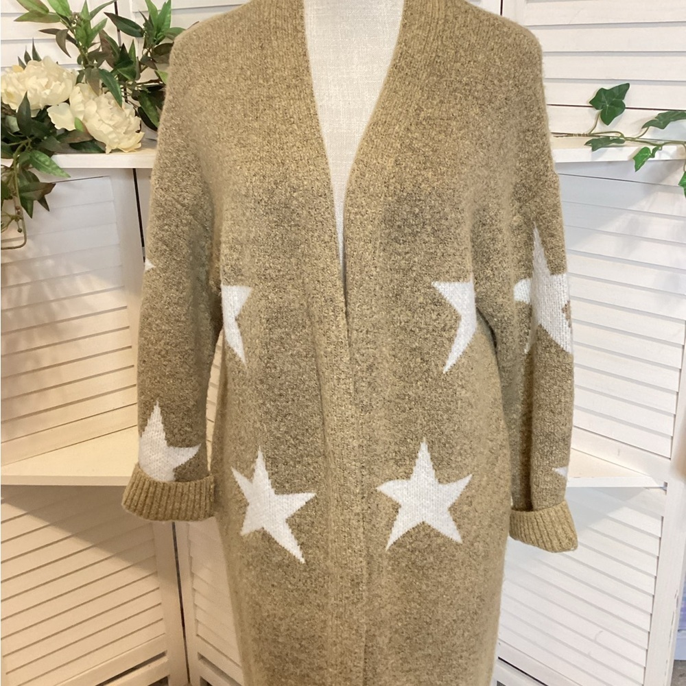 Beige Star Patterned Open-Front Cardigan Small Oversized